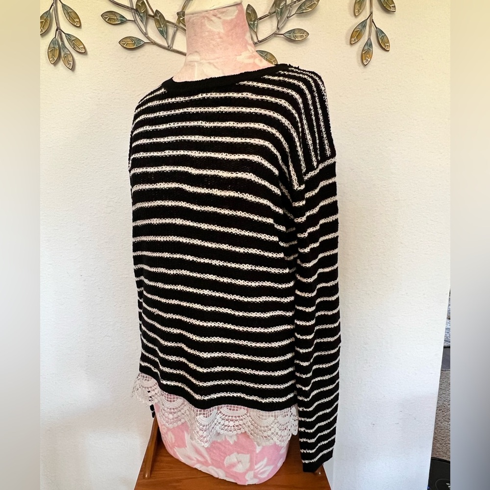 Black and White Striped Sweater with Lace Hem